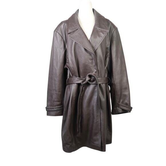 Vintage Y2K Centigrade Dark Brown Genuine Leather Trench Coat Jacket Womens 2X - Picture 1 of 6